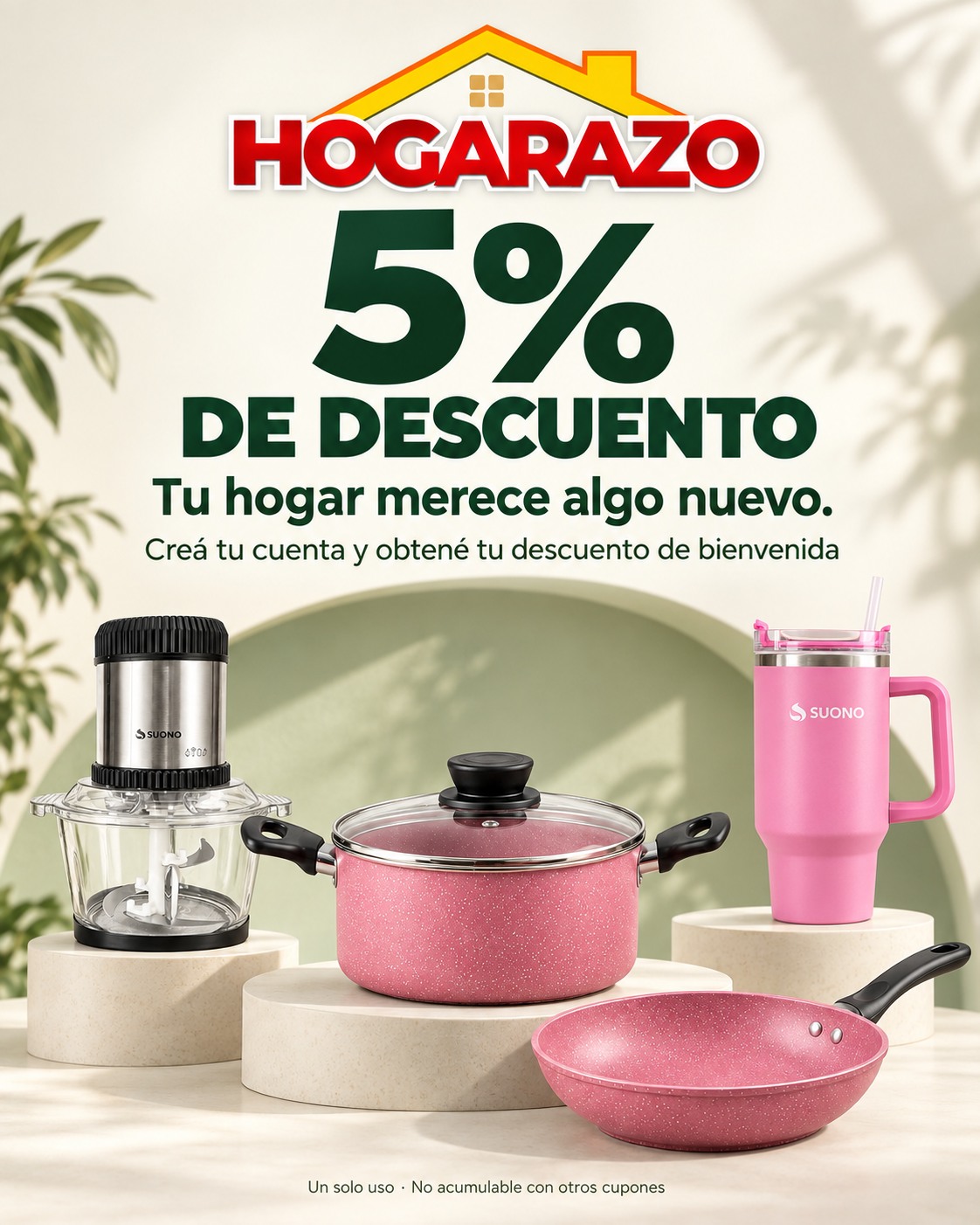 Hogarazo: 5% de descuento de bienvenida. Productos de cocina y vaso térmico sobre bases claras, con fondo verde. Un solo uso, no acumulable con otros cupones.